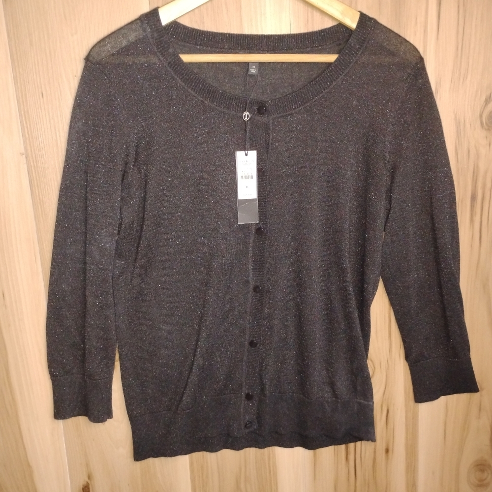 NWT Talbots Black Metallic Cardigan Holiday Sweater Button Up Sz M